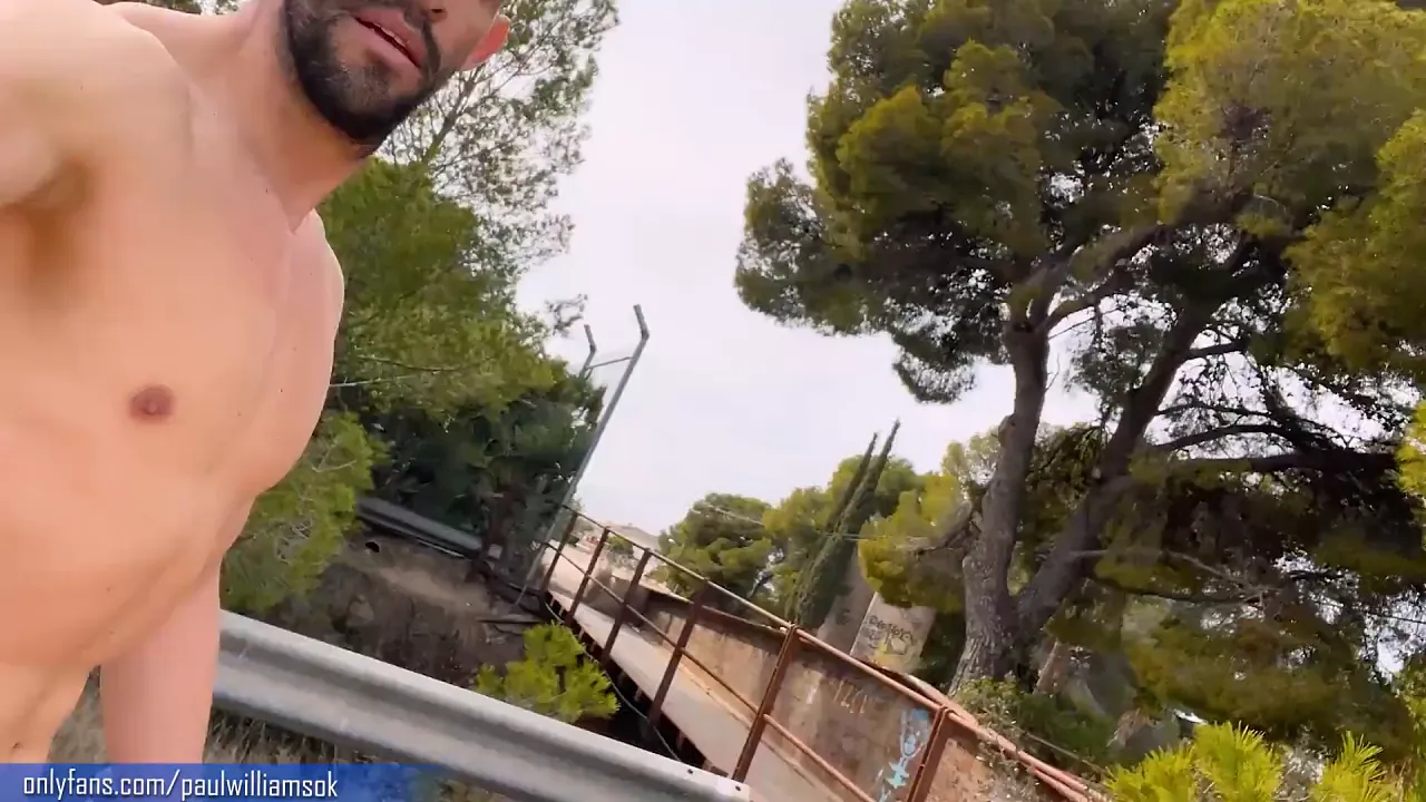 Muscle Latino twink jerks off and cums in a public trail